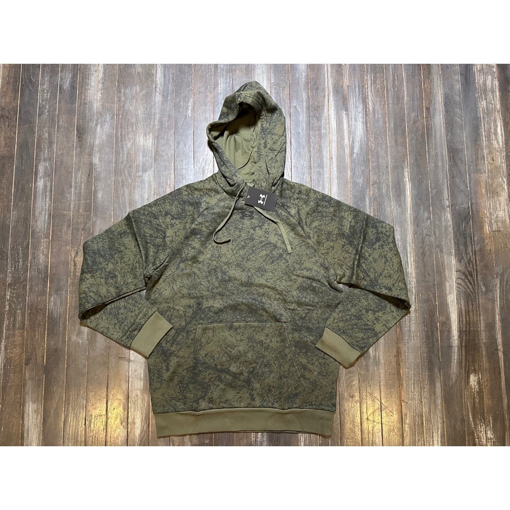 Under Armour Mens Rival Fleece Hoodie Marine Green Crackle Print Sweatshirt NEW
